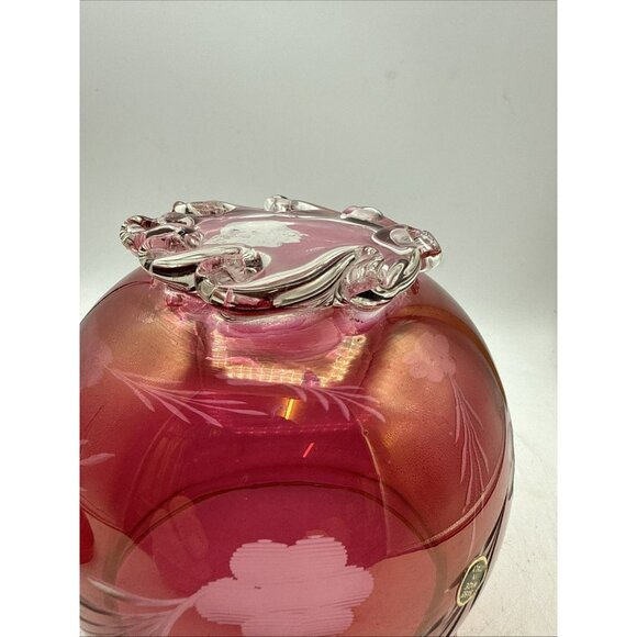 Floral Etched Cranberry Glass Lidded Candy Pedestal Made In Italy Vintage 9 In - Picture 9 of 12